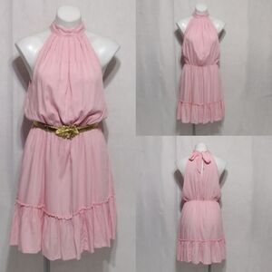 NWT BTFBM Boho Pink Tiered Halter Mini Dress Medium Keyhole Back Elegant Chic